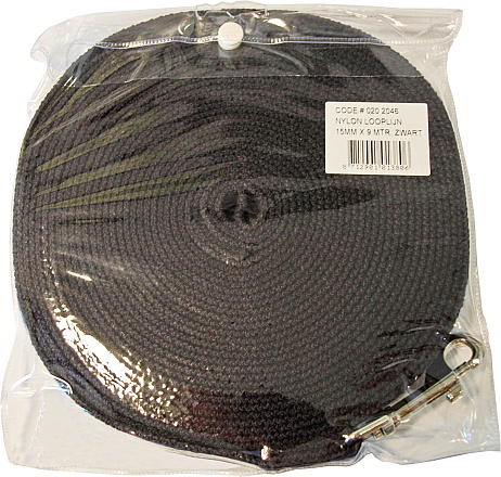 Nylon hondenlijn <br>9 mtr x 15 mm zwart